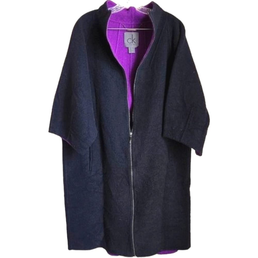 Calvin Klein Womens Black Angora Wool Blend Half Sleeve Overcoat Size XL Zipper